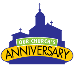 "Our Church's Anniversary" pic with sun rising behind church.